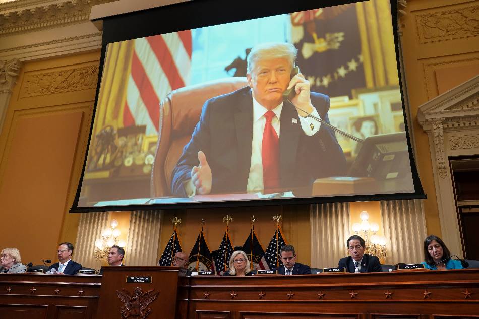 A monitor shows former US President Donald J. Trump in the Oval Office, during a public hearing of the House Select Committee to Investigate the January 6th Attack on the US Capitol, on Capitol Hill in Washington, DC, USA, 16 June 2022. The committee is expected to hold at least six public hearings. EPA-EFE/SHAWN THEW