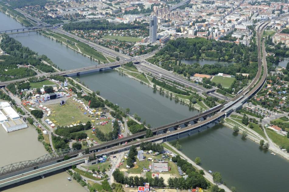 An aerial view showing the area where is celebrated the 30th Danube Island Festival on Danube Island in Vienna, Austria, in June 2013. Hans Punz, EPA