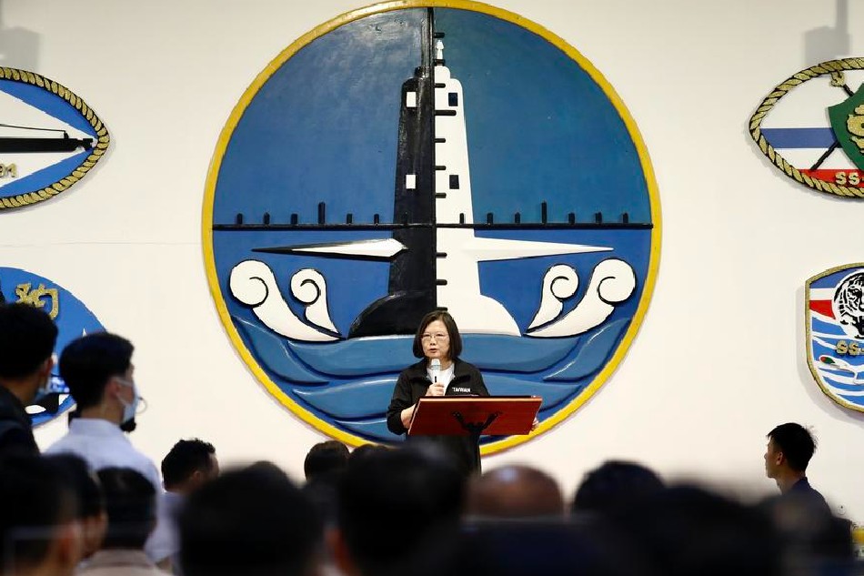 Taiwan president Tsai Ing-wen speaks during her visit to a naval base in Kaohsiung, Taiwan, Sept. 26, 2020. Ritchie B. Tongo, EPA-EFE 
