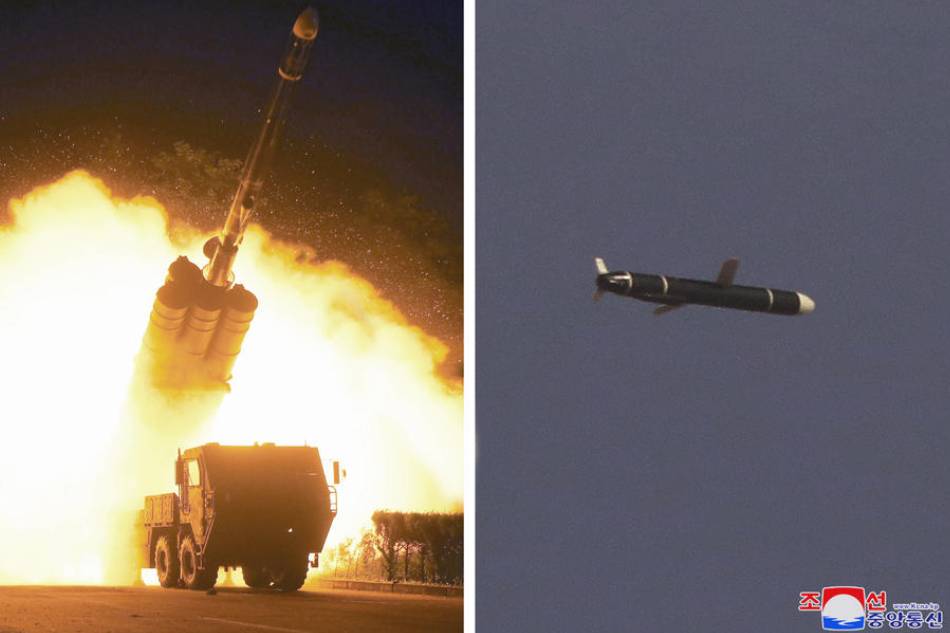 An undated combination photo released by the official North Korean Central News Agency (KCNA) shows the test firing of a long-range cruise missile, conducted by the Academy of Defence Science of the DPRK, from an undisclosed location in North Korea (issued 13 September 2021). EPA-EFE/KCNA/file