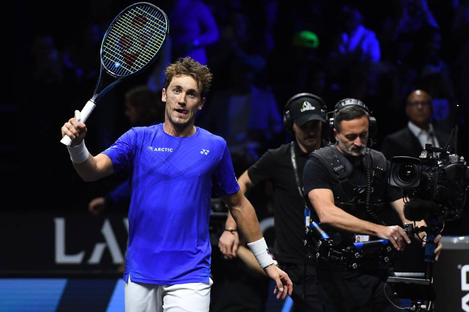 Casper Ruud of Team Europe celebrates his win over Jack Sock of Team World during a Laver Cup tennis tournament at the O2 Arena in London, Britain, 23 September 2022. Andy Rain, EPA-EFE
