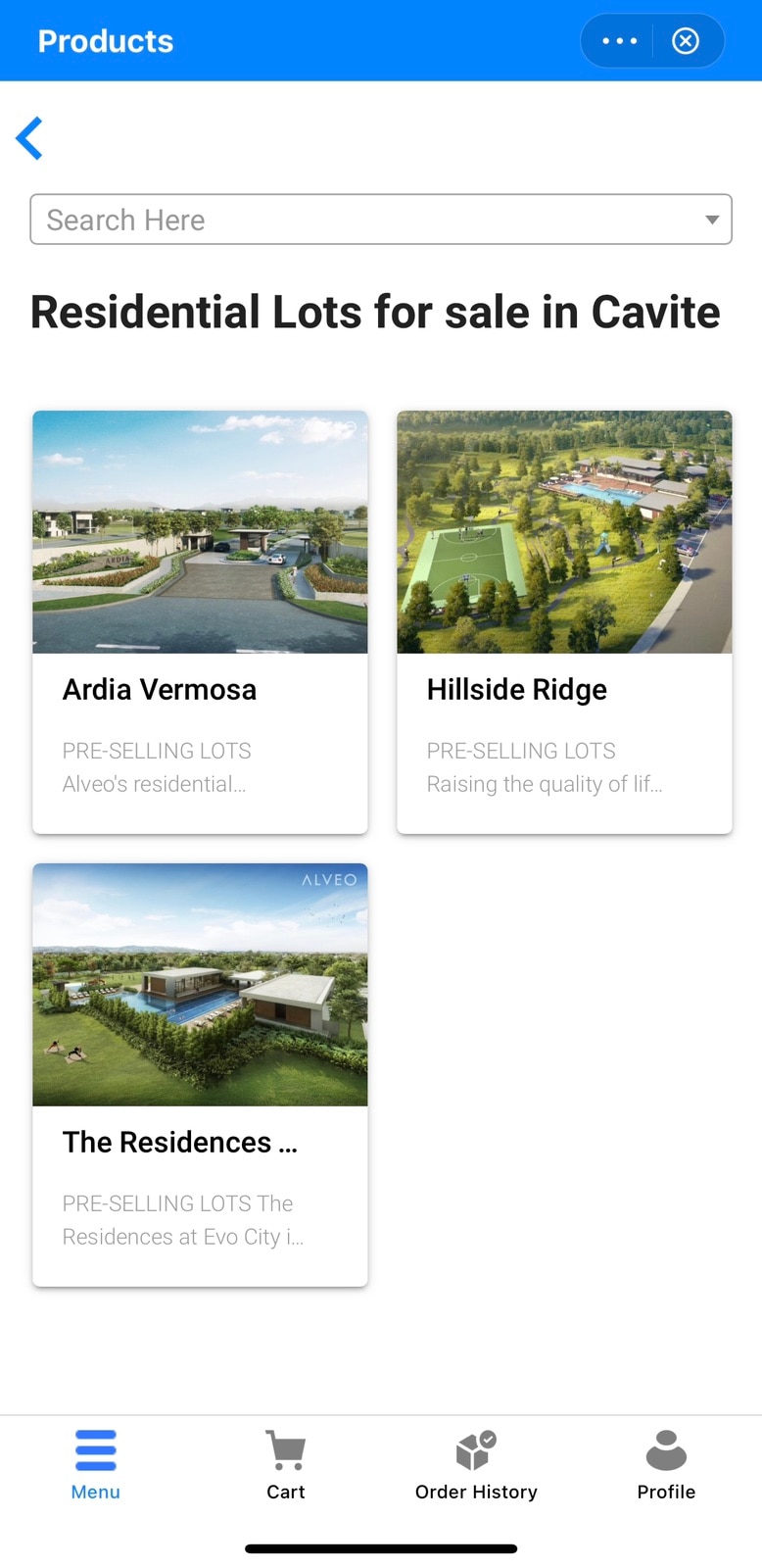 Sample properties by Alveo Land located in Cavite as seen on GCash's GLife page. Screenshot