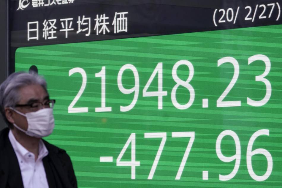 A pedestrian walks past a display showing closing information of Tokyo's Nikkei Stock Average outside a securities office in Tokyo, Japan, 27 February 2020. EPA-EFE/KIMIMASA MAYAMA/FILE