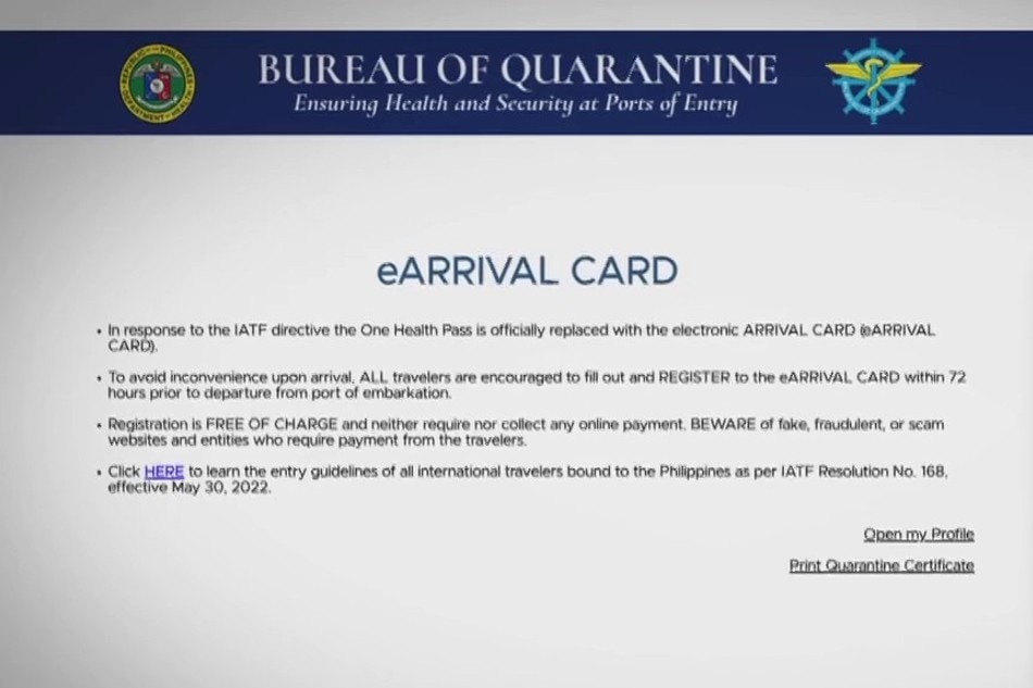 E-arrival Card Libre, Paalala Ng Bureau Of Quarantine | ABS-CBN News