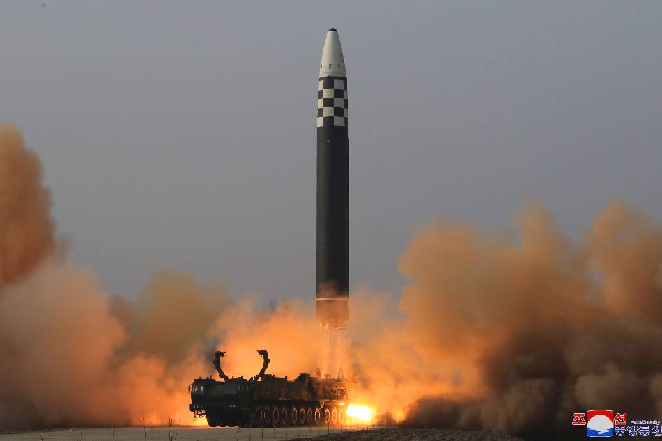 A photo released by the official North Korean Central News Agency (KCNA) shows the test-launch of a new type of inter-continental ballistic missile Hwasongpho-17 of the DPRK strategic forces that was conducted on March 24, 2022. EPA-EFE/KCNA/FILE