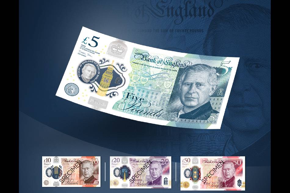 A handout photograph released by the Bank of England in London on December 19, 2022 shows the design of the new five, ten, twenty and fifty pound polymer banknotes featuring a portrait of Britain
