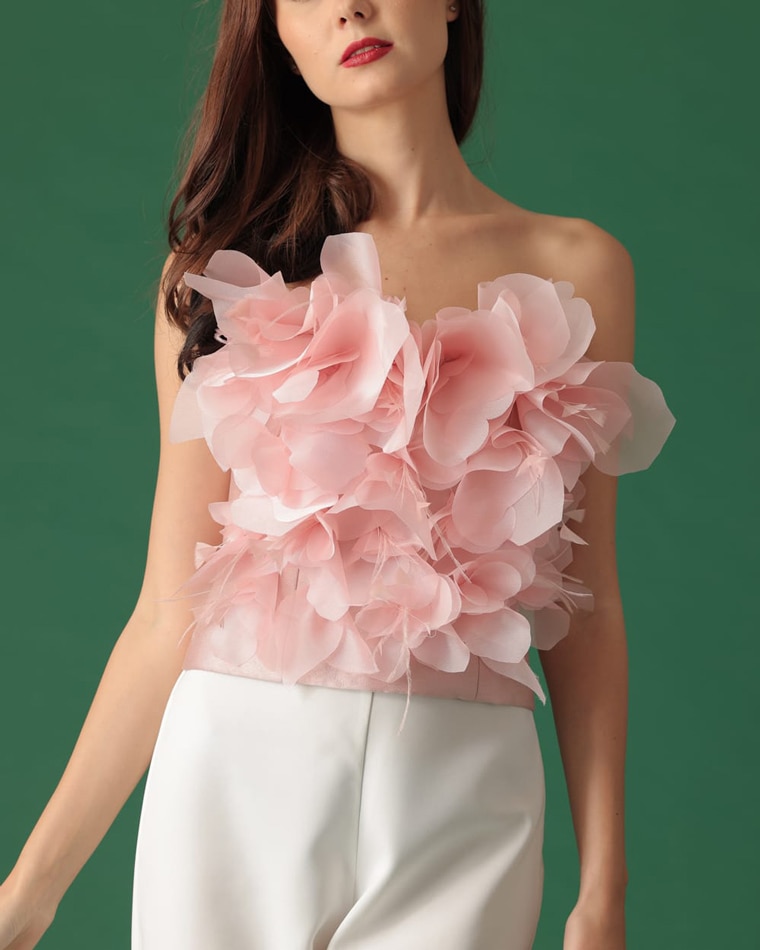 Pink tube top with exaggerated flower details in silk organza by fashion designer Debbie Co. Photo source: SM Prime
