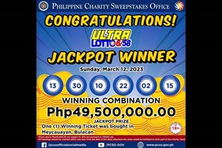 P49.5 milyong jackpot sa 6/58 Ultra Lotto napanalunan