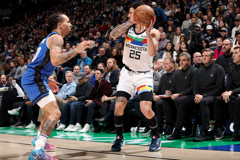 Austin Rivers #25 of the Minnesota Timberwolves handles the ball during the game against the Orlando Magic on February 3, 2023 at Target Center in Minneapolis, Minnesota. David Sherman, NBAE via Getty Images/AFP