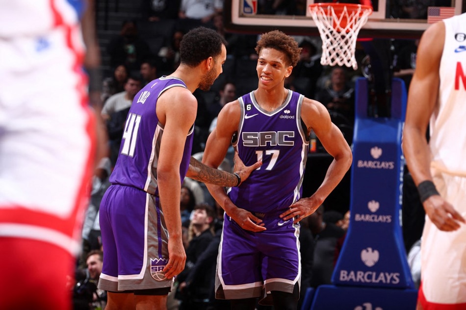 Trey Lyles (41) of the Sacramento Kings talks with Kessler Edwards (17 )of the Sacramento Kings during the game against the Brooklyn Nets at Barclays Center in Brooklyn, New York. Nathaniel S. Butler, NBAE via Getty Images/AFP