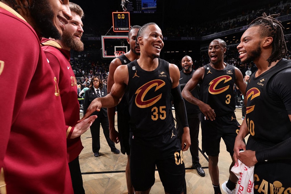 Isaac Okoro (35) of the Cleveland Cavaliers celebrates after the game against the Brooklyn Nets at Barclays Center in Brooklyn, New York. Nathaniel S. Butler, NBAE via Getty Images/AFP