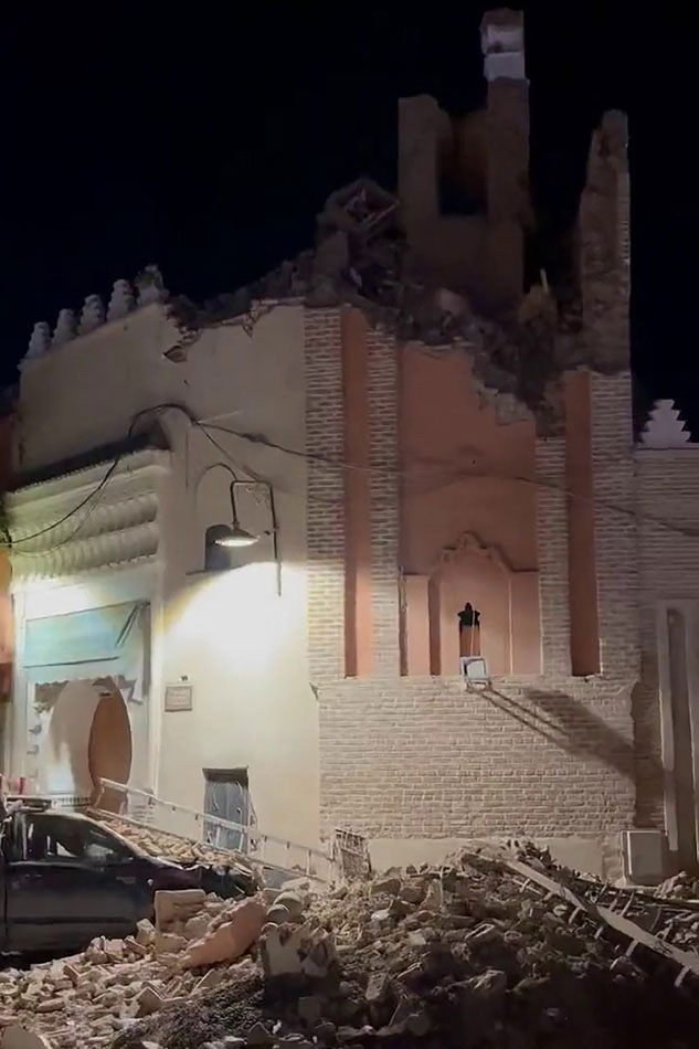 This handout frame grab of video footage courtesy of Michaël Bizet and provided to AFPTV early September 9, 2023 shows a damaged building in Marrakesh, following a 6.8 magnitude earthquake that struck Morocco. Nearly 300 people have died after a powerful earthquake rattled Morocco Friday night, according to a preliminary government count, as terrified residents of Marrakesh reported 
