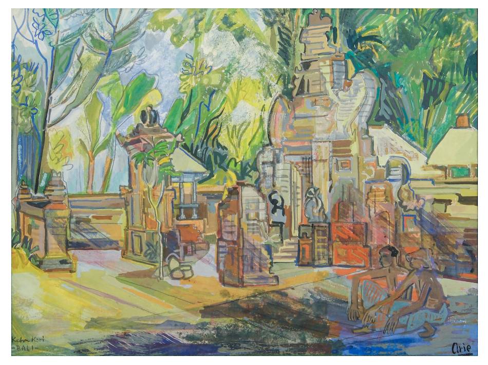 Lot 240. 'Kebun Kori, Bali' by Arie Smit. Signed (lower right). Tempera on paper. 12 1/2” x 17” (32 cm x 43 cm)