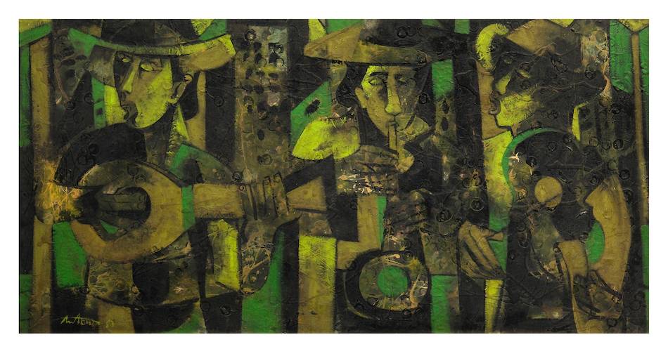 Lot 336. 'Musikero' by Angelito Antonio. Signed and dated 1983 (lower left). Oil on canvas. 24 x 48” (61 cm x 122 cm)