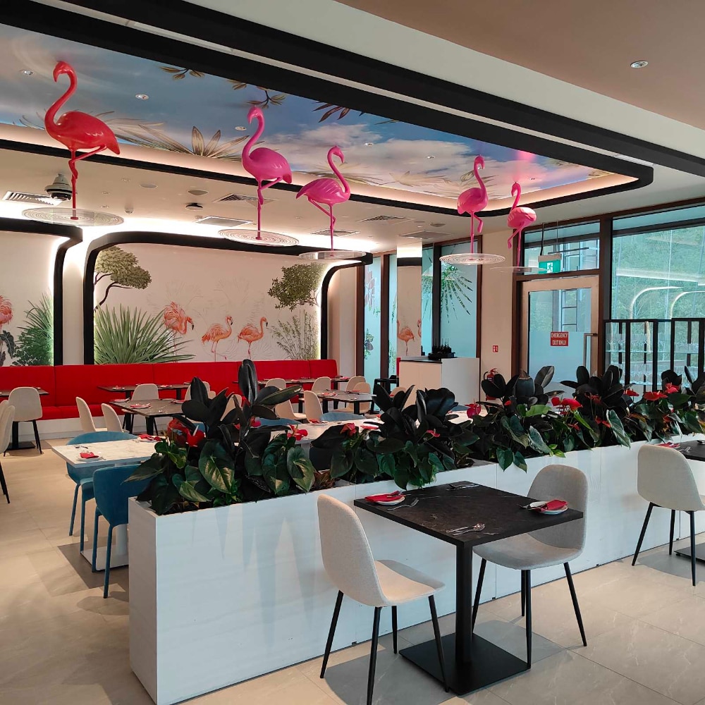 Flamingo themed interior of Crimson Restaurant