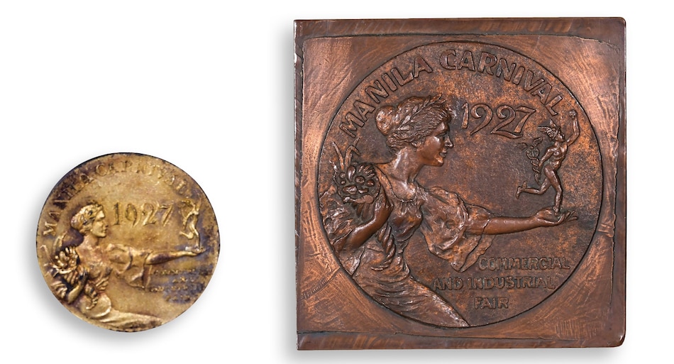 Lot 140. The original 1927 Manila Carnival Medal issued in Gilt Bronze (left) and the Trial Piece of the 1927 Manila Carnival Prize Medal by Fernando Amorsolo. Dated 1927. Bronze 7” x 7” (18.3 cm x 18.3 cm) 