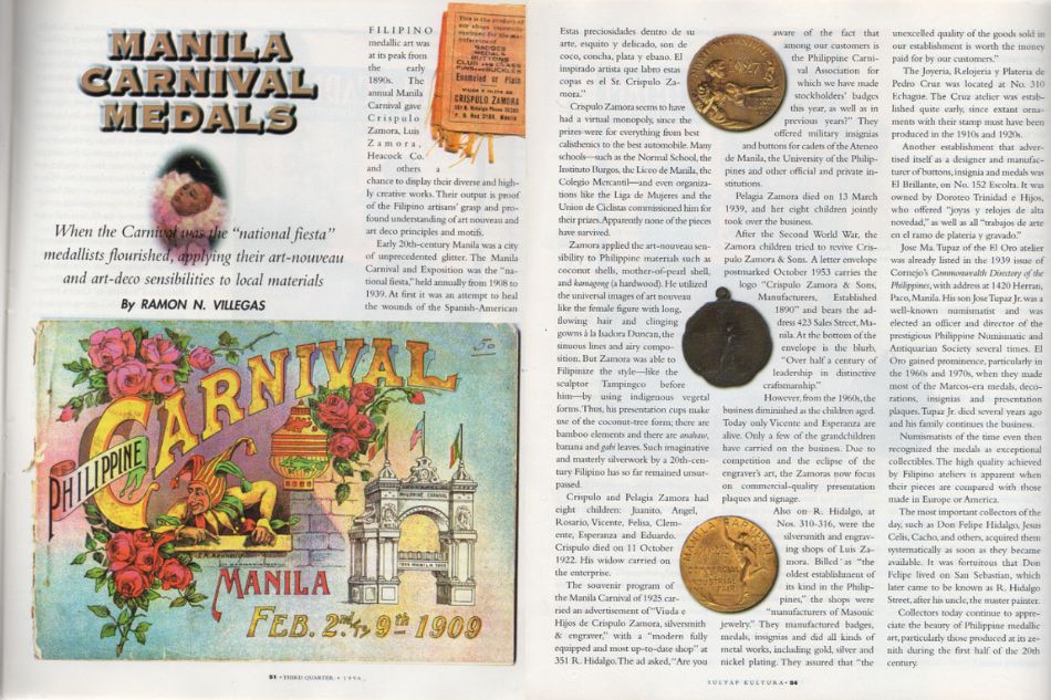 Ramon Villegas’ essay on Sulyap Kultura titled “Manila Carnival Medals,” where the original 1927 Manila Carnival Medal in gilt bronze was featured 