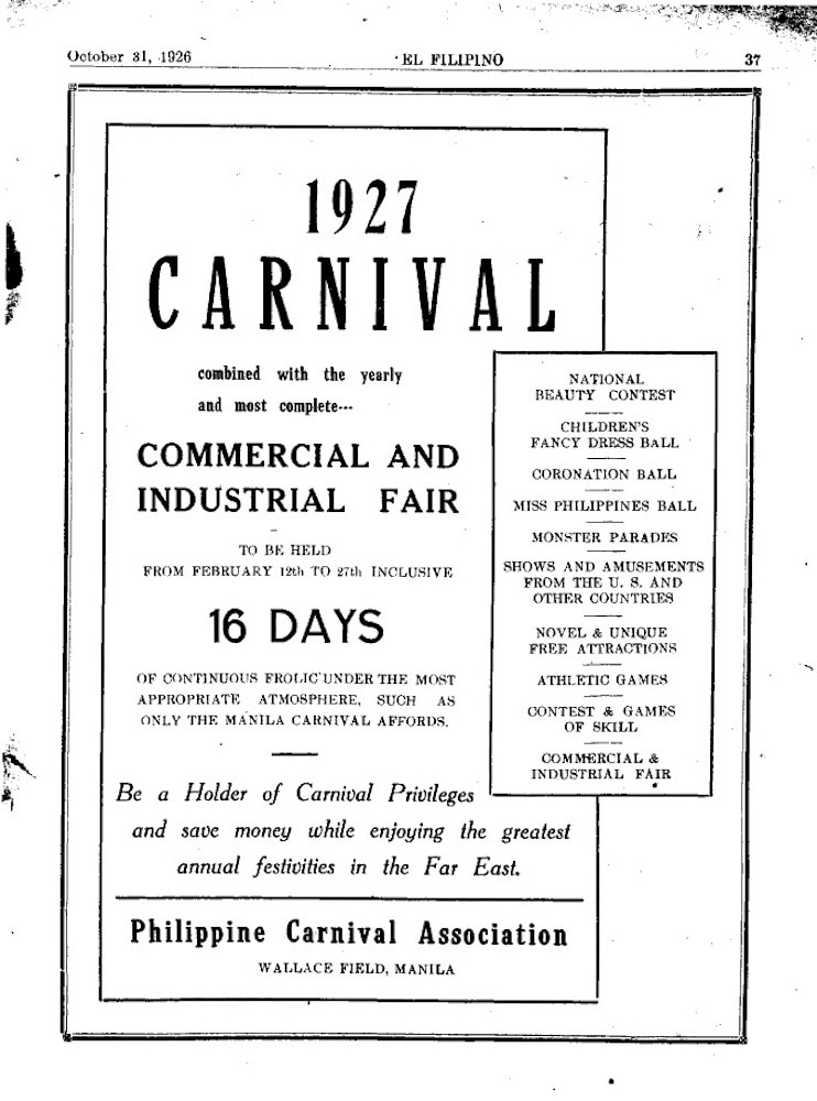 Advertisement for the 1927 Manila Carnival, published in the magazine El Filipino, October 31, 1926 