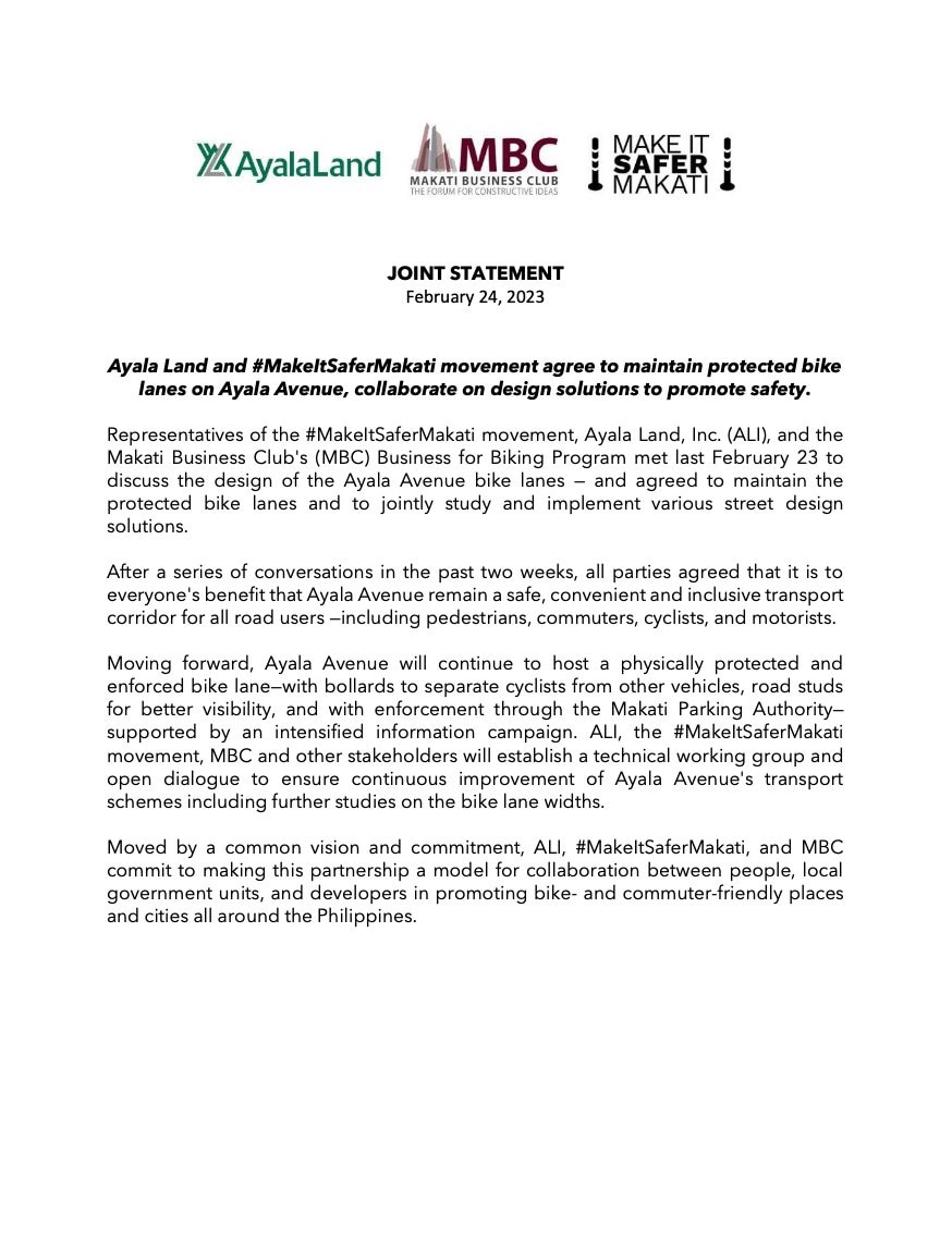 AyalaLand, Makati Business Club, and Make It Safer Makati's joint statement.