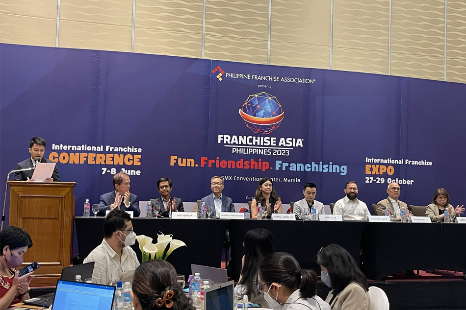 The Philippine Franchise Association holds a briefing on the 2023 International Franchise Conference and Expo happening in June and October. Projected expansion/growth for PH brands/franchises this year is 12-15 percent. Warren de Guzman, ABS-CBN News