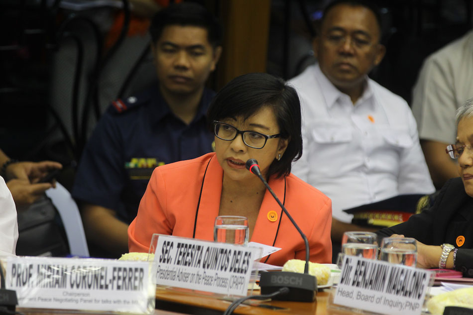 Peace Negotiating Panel Chairperson Prof. Miriam Coronel Ferrer answers questions at the second day of the Mamasapano incident hearing at the Senate on Tuesday. ABS-CBN News/File