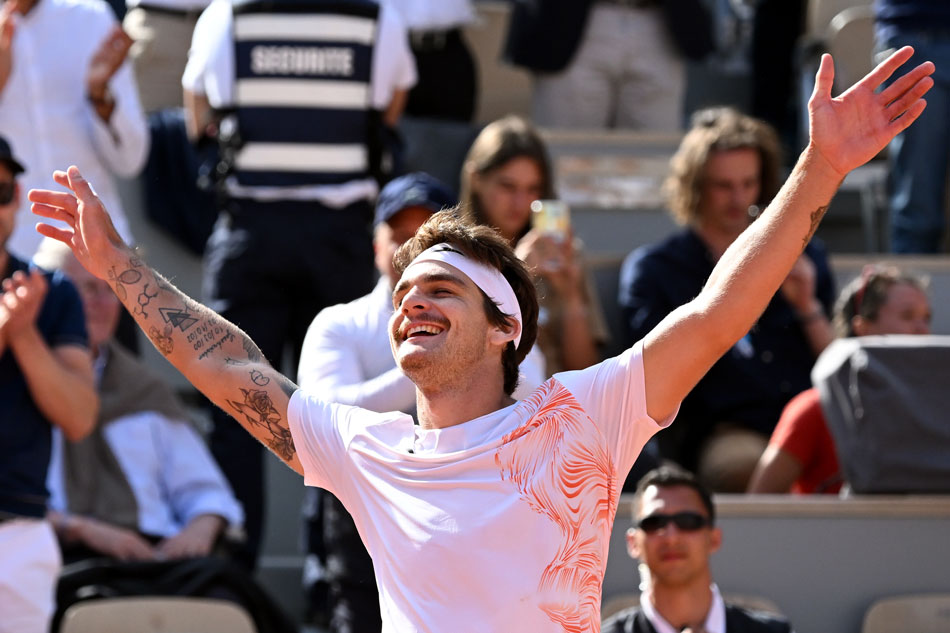 Thiago Seyboth Wild of Brazil reacts after winning agains Daniil Medvedev of Russia in their Men's Singles first round match during the French Open Grand Slam tennis tournament at Roland Garros in Paris, France, on May 30, 2023. Caroline Blumberg, EPA-EFE