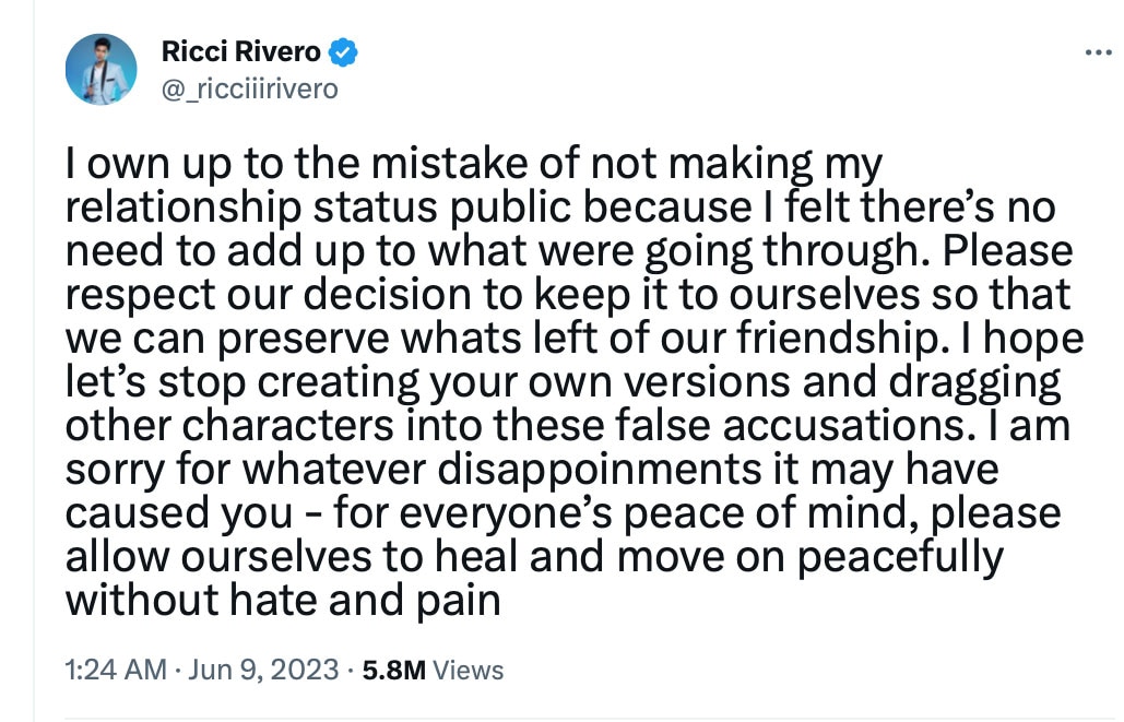 'I own up to the mistake of not making my relationship status public because I felt there’s no need to add up to what were going through. Please respect our decision to keep it to ourselves so that we can preserve what's left of our friendship,' Rivero wrote.