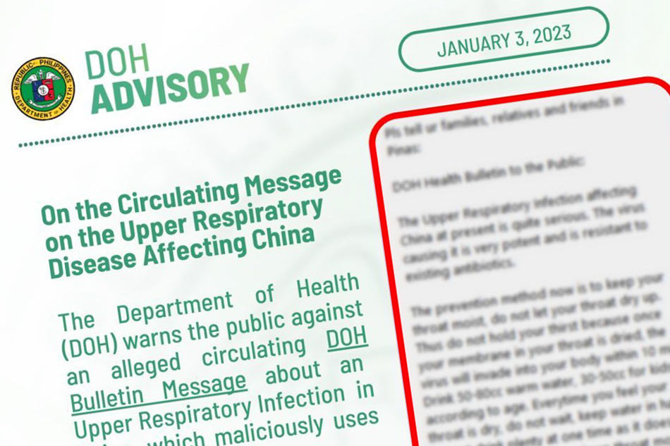 DOH disowns alleged China 'Upper Respiratory Infection' message ABS