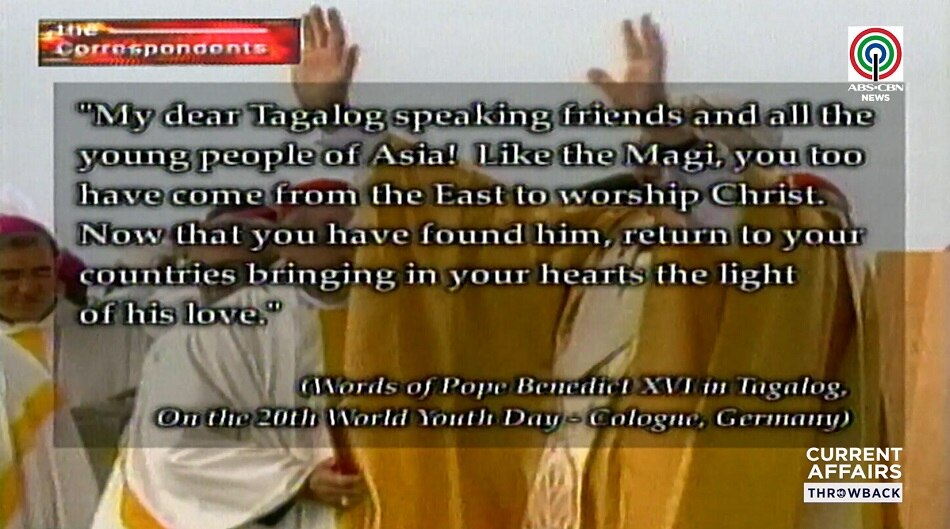 Speech ni noo'y Pope Benedict XVI na ibinigkas niya sa wikang Filipino noong 20th World Youth Day sa Cologne, Germany noong Agosto 2005