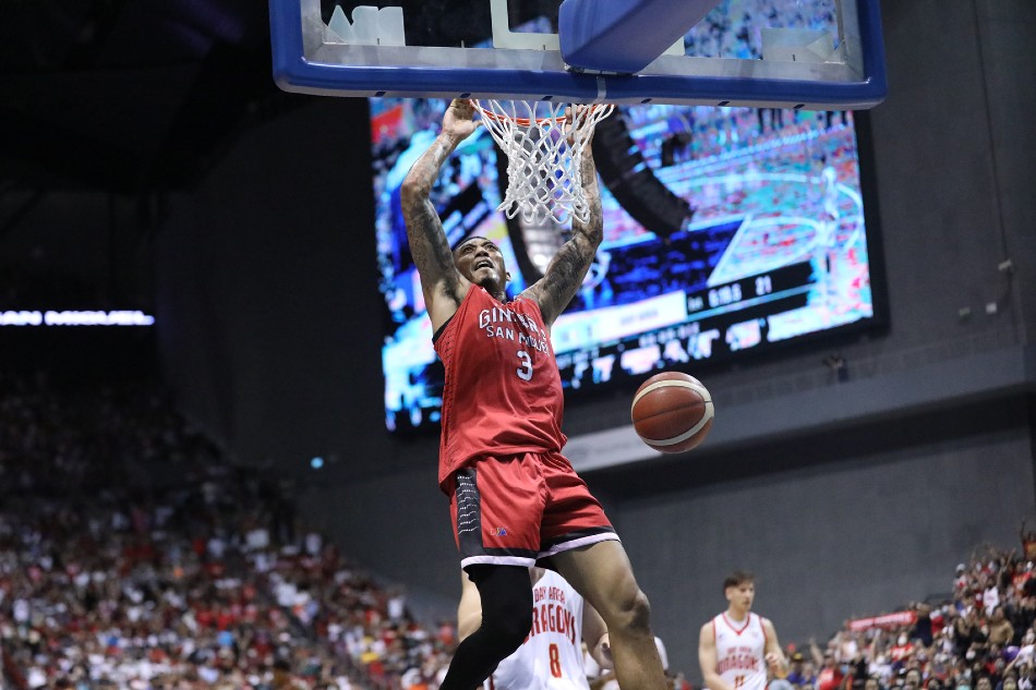 Jamie Malonzo of Barangay Ginebra dunks the ball against Bay Area in Game 7 of the 2022 PBA Commissioner