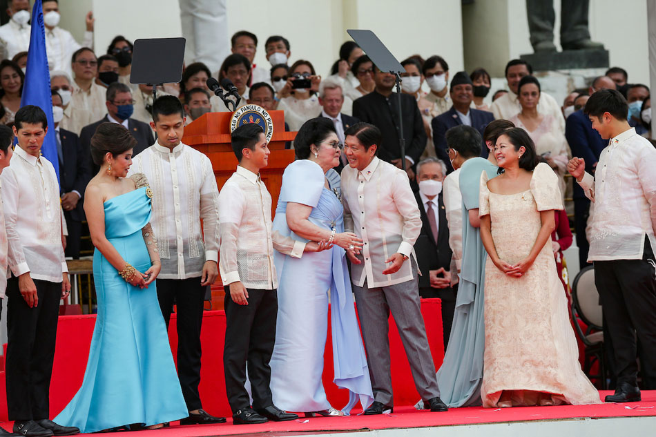The Marcos family poses for pictures on stage after the inauguration ceremony of President Ferdinand “Bongbong” Marcos Jr. at the National Museum in Manila on June 30, 2022. George Calvelo, ABS-CBN News/file