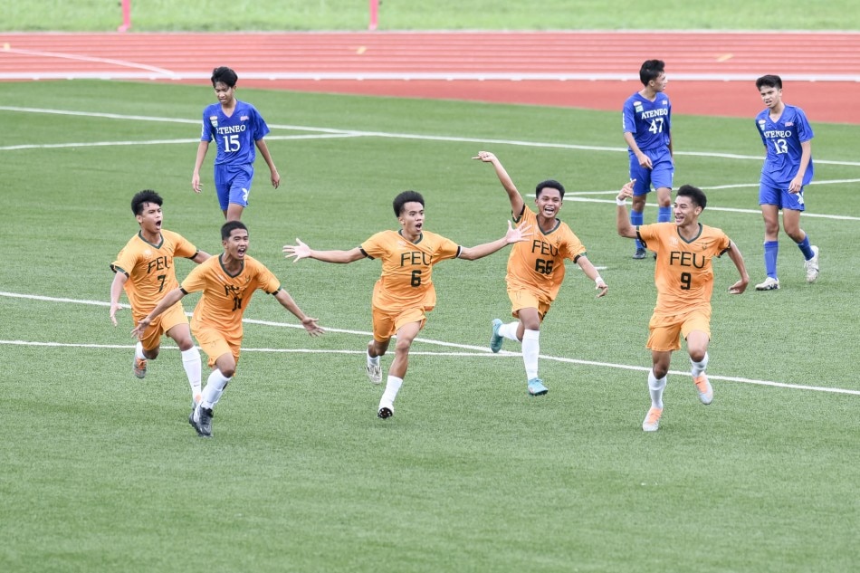 FEU celebrates after scoring their first goal against Ateneo in the UAAP Season 85 boys' football tournament. UAAP Media.