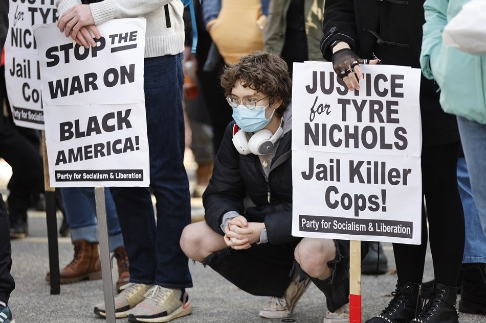 Protesters march on Boston Common in front of the Statehouse a day after the release of video footage showing the encounter earlier this month between Tyre Nichols, 29, and five Memphis police officers which resulted in Nichols' beating and subsequent death, in Boston, Massachusetts, USA, 28 January 2023. Nichols, who was stopped by Memphis police on 7 January 2023 for reckless driving, died three days after the incident from injuries sustained when the officers involved, who have all been fired and charged with murder, beat him after his arrest. EPA-EFE/CJ Gunther