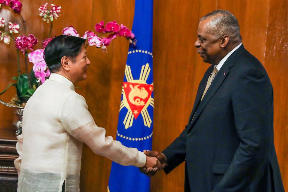 President Ferdinand Marcos Jr. welcomes United States Defense Secretary Lloyd Austin III during a courtesy call at the Presidents Hall in Malacanang Palace on Thursday Feb. 2, 2023. During their meeting, Marcos stressed the importance of further bolstering the cooperation between Manila and Washington. Rey S. Baniquet, PNA