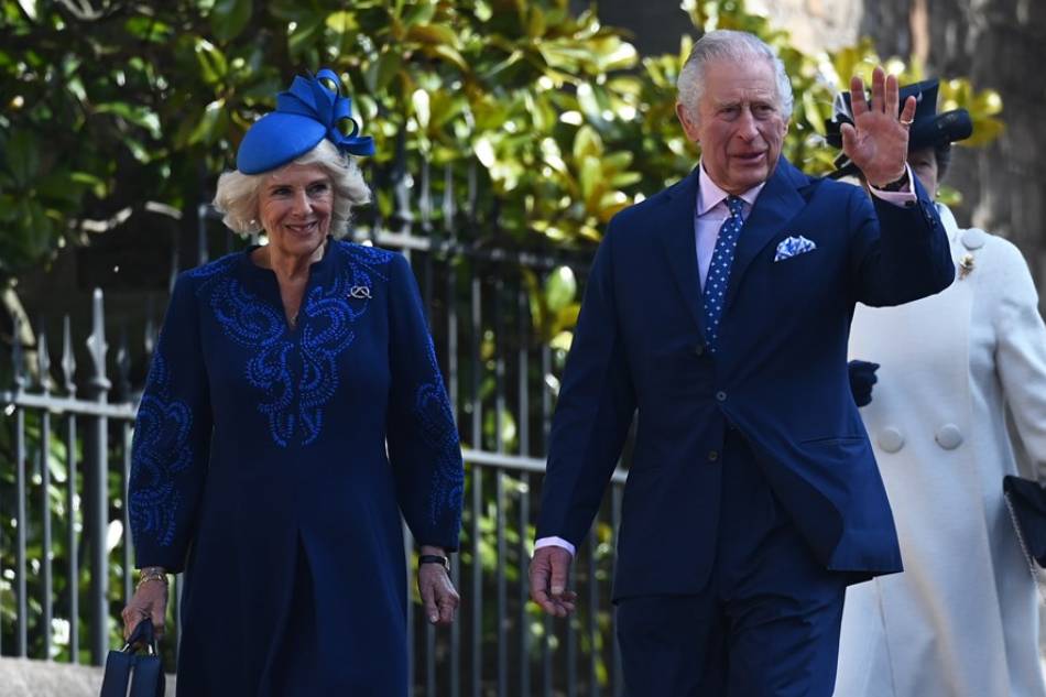 Britain's King Charles III (R) and Camilla, the Queen Consort arrive for the Easter Sunday service at St Georges Chapel at Windsor Castle in Windsor, Britain, 09 April 2023. Neil Hall, EPA-EFE