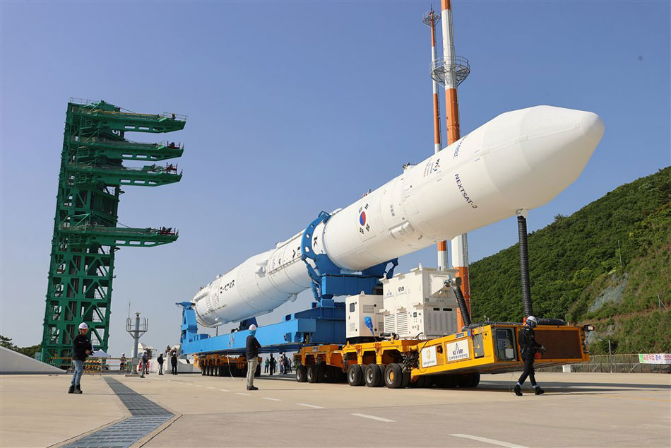 A handout photo made available by the Korea Aerospace Research Institute shows South Korea's homegrown space rocket, Nuri, being transported to a launch pad at the Naro Space Center in Goheung, South Jeolla Province, South Korea on May 23, 2023, one day before the country is expected to launch the rocket, also known as the KSLV-II, for the third time. EPA-EFE/Korea Aerospace Research Institute/handout