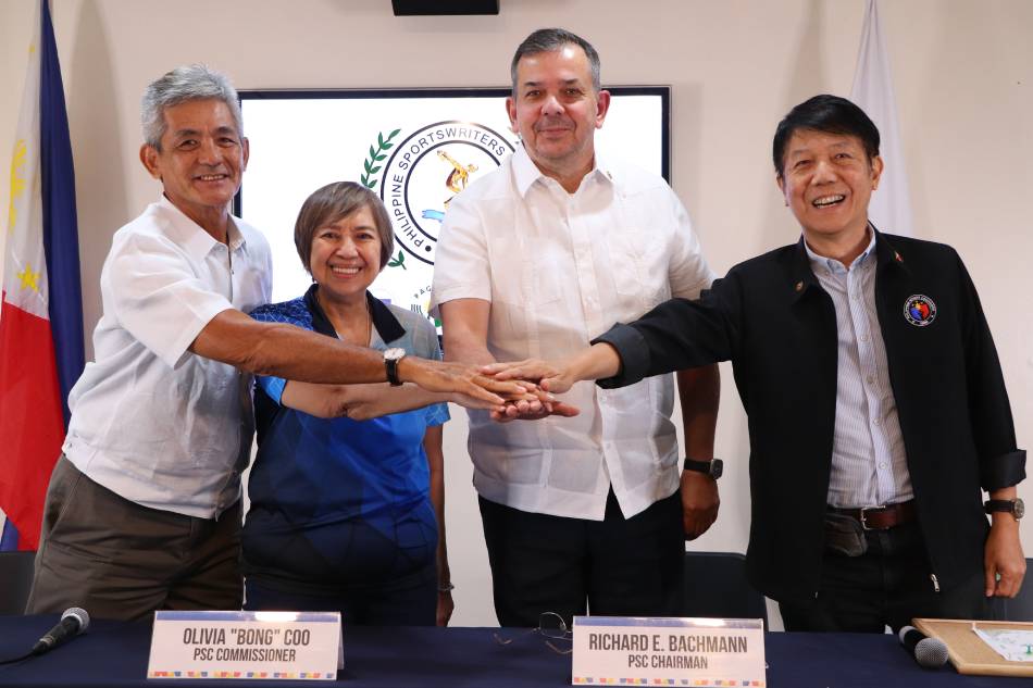 (L-R) Philippine Sports Commission (PSC) Commissioner Fritz Gaston, Commissioner Bong Coo, Chairman Richard Bachmann and Commissioner Edward Hayco grace the Philippine Sportswriters Association (PSA) Forum on Tuesday, May 30 at Rizal Memorial Sports Complex, Manila. PSC/Handout.