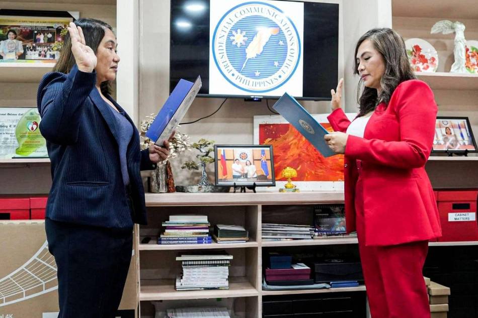 Veteran broadcast journalist Ana Puod (right) is sworn in before Presidential Communications Secretary Cheloy Garafil (left) as the new acting general manager of state-run People's Television Network (PTV). Puod previously worked with ABS-CBN News for a decade, producing its current affairs program 'The Correspondents.' Presidential Communications Office/Facebook