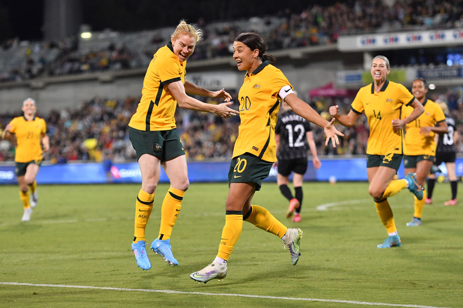 Sam Kerr of Australia celebrates after scoring the opening goal during the International friendly soccer match between the Australian Matildas and the New Zealand Football Ferns at GIO Stadium in Canberra, Australia, April 12, 2022. Dean Lewins, EPA-EFE/File