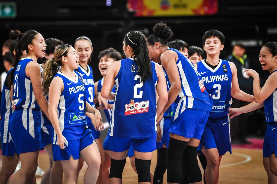 The Gilas Pilipinas Women celebrate after their breakthrough win over Chinese Taipei in the FIBA Women's Asia Cup 2023 in Sydney, Australia. FIBA Asia.