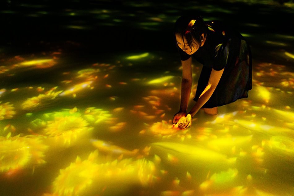 teamLab, Drawing on the Water Surface Created by the Dance of Koi and People - Infinity © teamLab