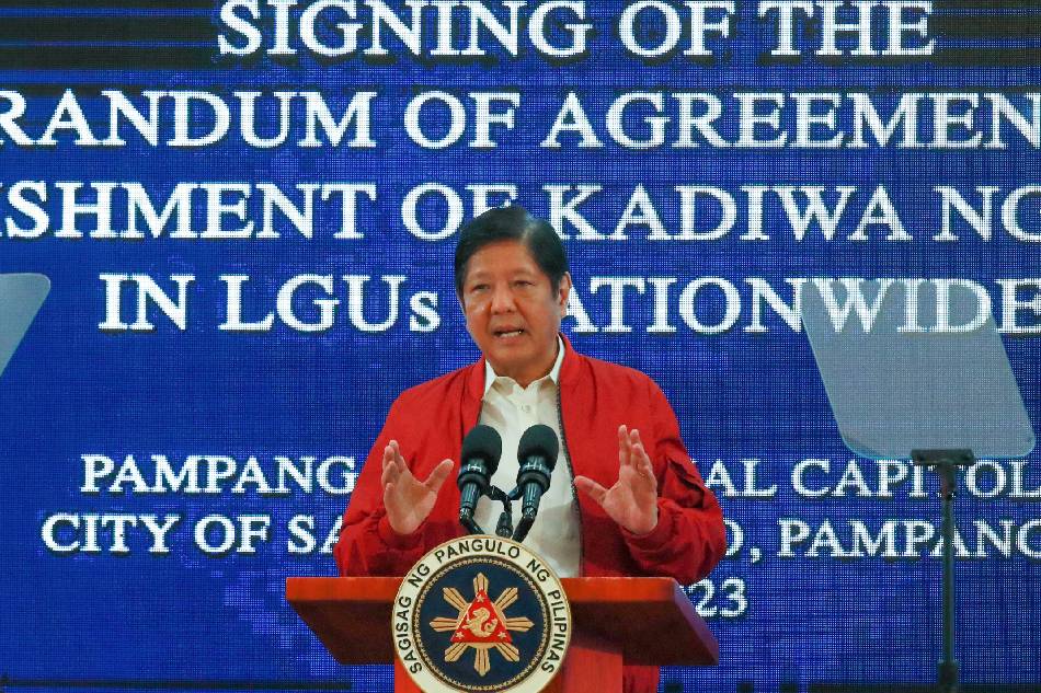 President Ferdinand Marcos Jr. gestures as he gives a speech during the nationwide launch of the Kadiwa ng Pangulo program in San Fernando City, Pampanga on July 17, 2023. RTVM screengrab