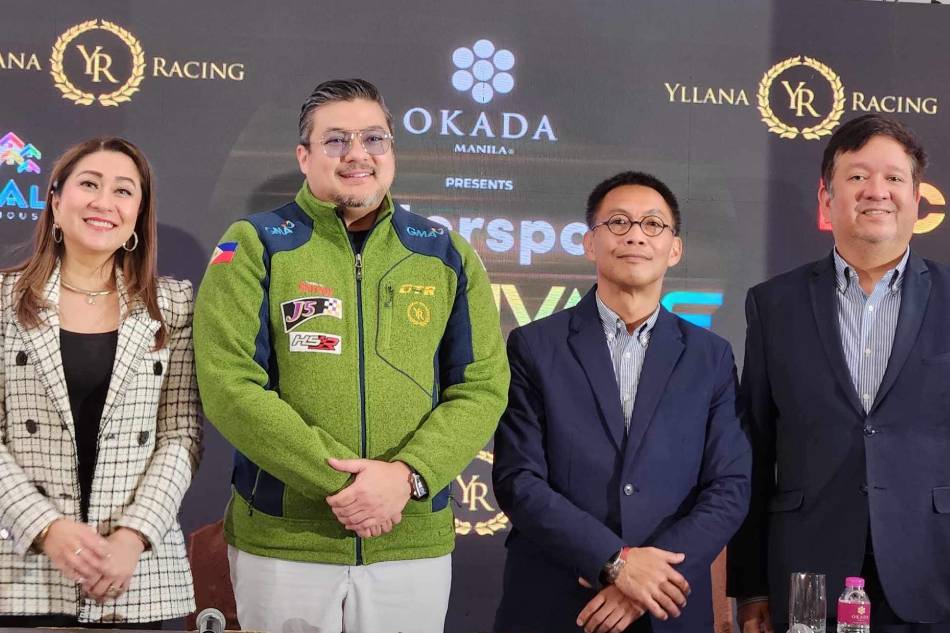 With Jomari Yllana (second from left) at the media conference are (from left) Cielo Reboredo, Okada VP for sales and marketing; Rikki Dy-Liacco, head of motorsport Automobile Association of the Philippines (AAP); and Victor Cesar Galzote, director for property, marketing and branding.