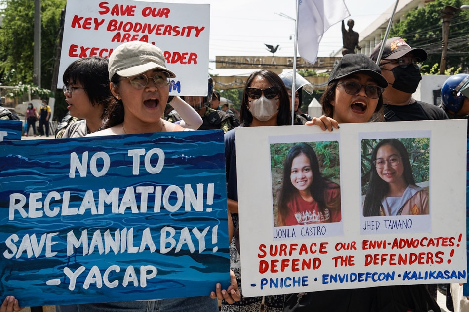Members of different environmental organizations urge government to investigate the disappearance of environmental advocates Jonila Castro and Jhed Tamano, who were allegedly abducted in Orion Bataan, during a protest in Mendiola, Manila on September 7, 2023. ABS-CBN News/Mores Heramis,