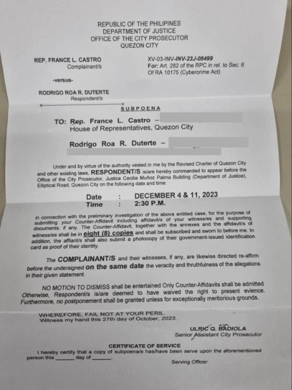 A Quezon City prosecutor summons ex-President Rodrigo Duterte to attend a Dec. 4 and 11 probe on the  grave threats complaint filed by Rep. France Castro. Mike Navallo 