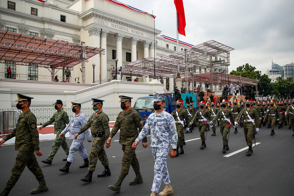 Members of the various components of the Armed Forces of the Philippines and civilian security forces rehearse on June 27, 2022 for a civic and military parade in front of the National Museum in Manila. Jonathan Cellona, ABS-CBN News/File 
