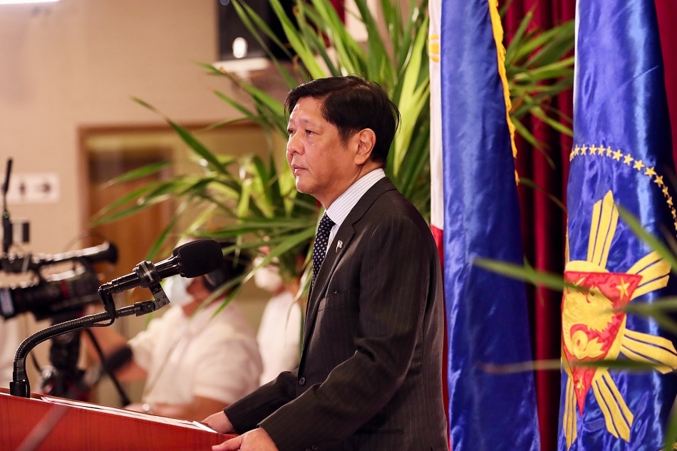  President Ferdinand Marcos Jr. delivers his arrival statement to members of his cabinet, various lawmakers, and consultants at the Villamor Airbase on January 5, 2023 after arriving from a state visit to China. Philippine News Agency, ABS-CBN News