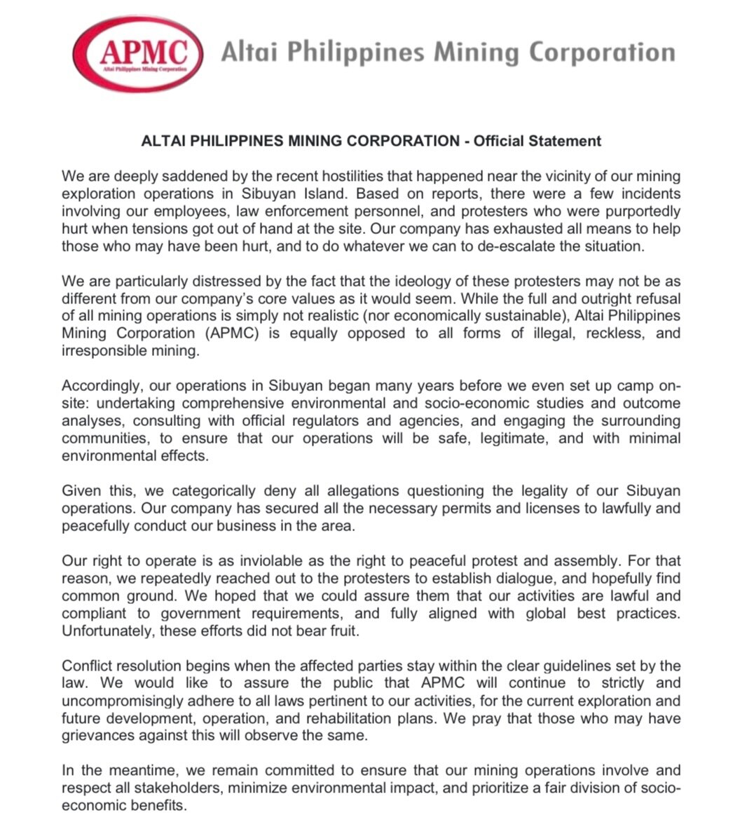 Altai mining firm says 'voluntarily' halting exploration, testing activities in Sibuyan