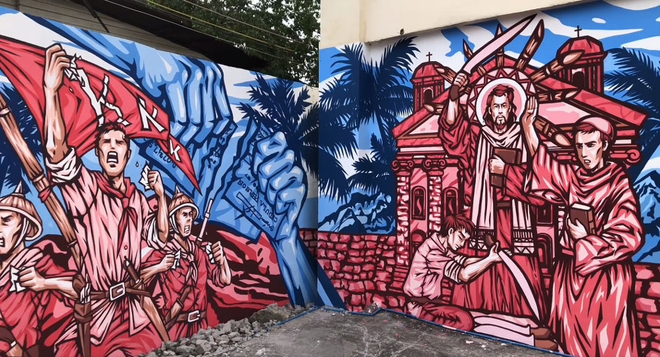 Corner of the mural that shows the tearing of the cedula and priests blessing their knives.  Mural Art PH