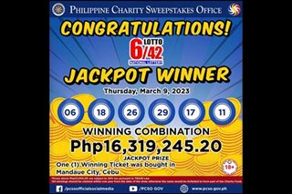 P16.3-M jackpot prize ng 6/42 Grand Lotto napanalunan